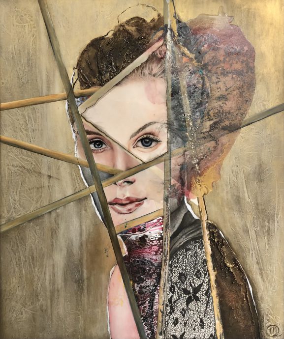 Anna. 2020. Acryl, charcoal (lace piece on the right shoulder), pastels on paper (right eye), epoxy (hair and right half of face), reliëf (hair and piece of shoulder). 100x120 cm.