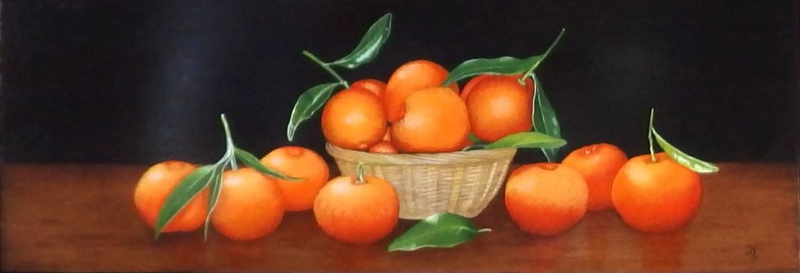 Mand met mandarijnen. Ingelijst 22x48 cm. Prijs op aanvraag.