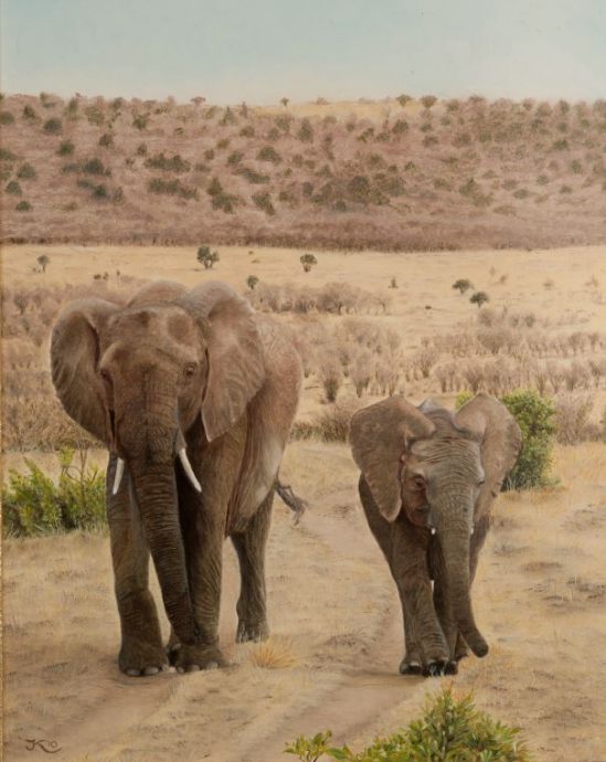 Elephant with Cub. 35x28 cm. Framed 41.5x34 cm. Price on request.
