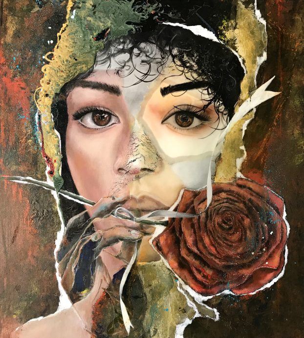 Rose. 2020. Acryl, pastels on paper (right eye), epoxy (right eye, part of face and rose), reliëf, casting lacquer, craquelé. 90x100 cm.