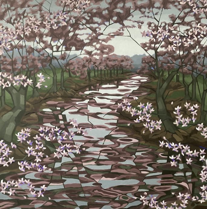 Tarja Laine, Cherry Blossom Valley, oil on linen, 90 x 90 cm, 2022