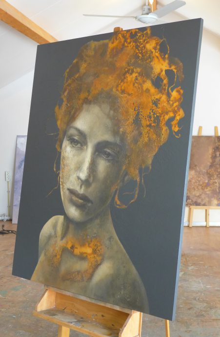 Iris Schreven, Precious Moments, 2022, gemengde techniek met verroest ijzerpasta, 125 x 150 cm (reeds verkocht)