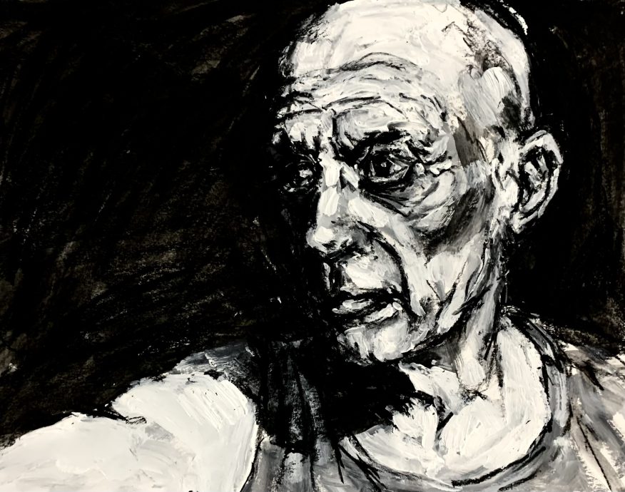 Hans van Weerd, Fimed Working - From footage showing Picasso at work, 2022, conte crayon en gesso op papier, 30 x 42 cm.