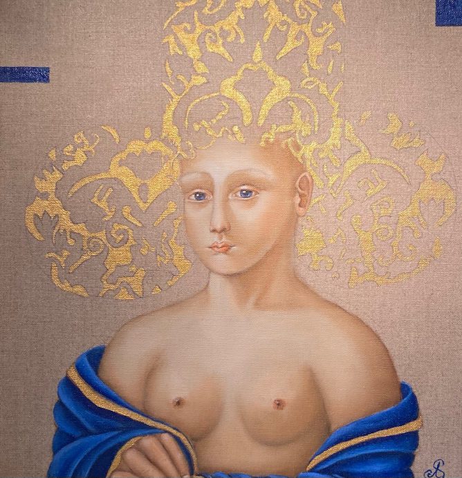 Anouk Slegers, Gekroond in Goud, olieverf op linnen, 35 x 35 cm.