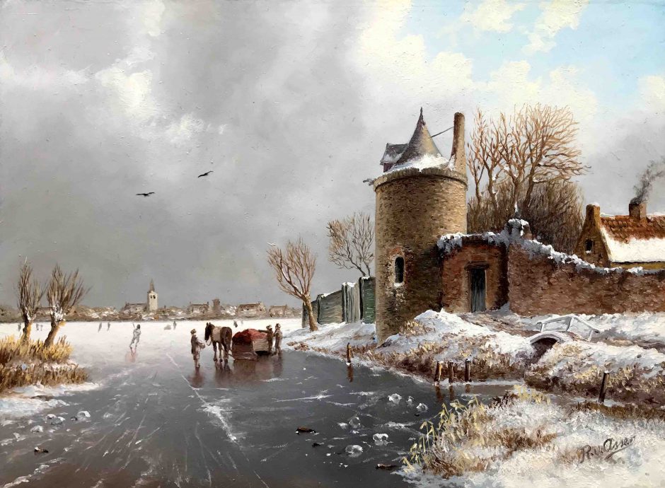 Rob van Assen. Fortress tower along frozen lake with skaters. Oil on panel. 17x23 cm.