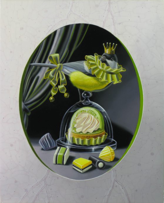 Valéry Vecu Quitard. La mésange charbonnière à la tarte citron. Oil on panel. 27x22 cm.