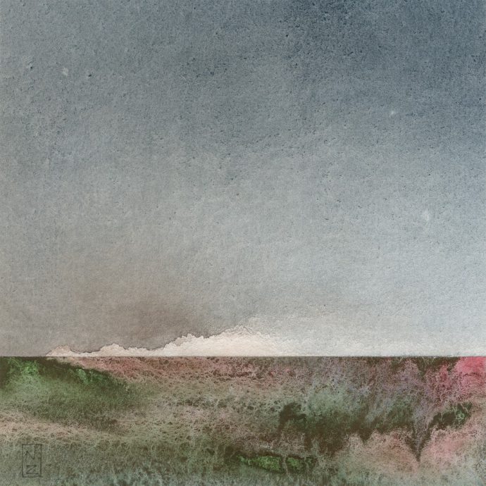 Nynke van Zwol. Landscape 63. Aquarel op papier, collage. 15x15 cm.