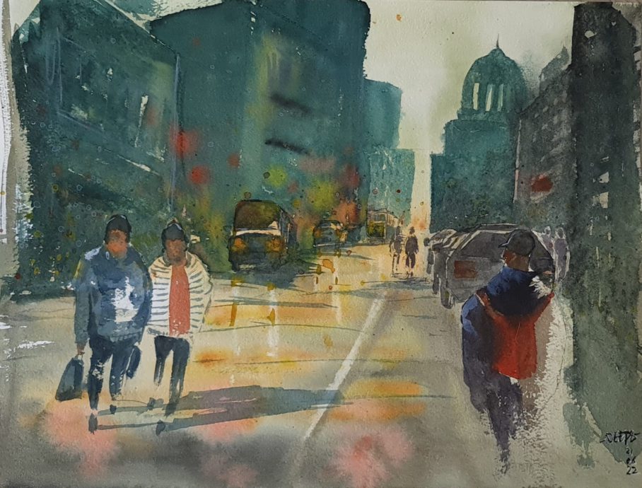Deepak Panday, 7am now, watercolor, 43 x 30 cm.